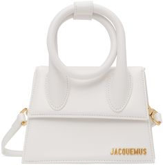 Buffed leather top handle bag in white. · Detachable and adjustable shoulder strap · Rolled carry handle with press-stud tab · Logo hardware at face · Foldover flap with press-stud closure · Patch pocket at interior · Twill lining · H5.25 x W7 x D3 in Supplier color: White Jacquemus Le Chiquito, Jacquemus Bag, Chic Bags, Press Studs, Dolce & Gabbana, White Bag, Ballerinas, Missoni, Leather Top