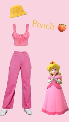 an image of peach from mario kart and the princess peach costume on pink background