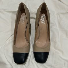 Franco Sarto Heels Black And Tan. Never Worn. Beige Almond Toe Block Heels For Work, Beige Block Heels For Work, Beige Medium Width Heels For Work, Beige 4-inch Heels For Work, Beige Heels With Contrasting Heel Counter For Office, Beige Heels With Contrasting Heel For Office, Office Beige Heels With Contrasting Heel Counter, Beige Court Shoes For Workwear, Beige Medium Width Court Shoes For Work