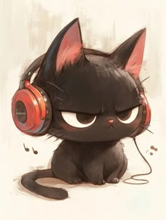 a black cat with headphones on and ear phones in it's ears is sitting down