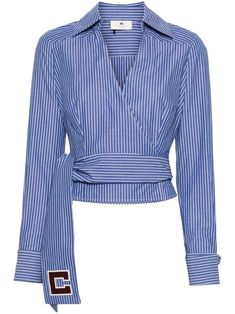 blue/white cotton poplin texture wrap design logo-print strap vertical stripe pattern tied waist V-neck spread collar long sleeves buttoned cuffs dart detailing straight hem Logo Azul, Blue Striped Shirt, Wardrobe Edit, City Dress, Clothes Sewing Patterns, Dolce E Gabbana, Poplin Shirt, Striped Blouse, Cotton Poplin