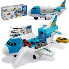 a toy airplane with cars on it and a box