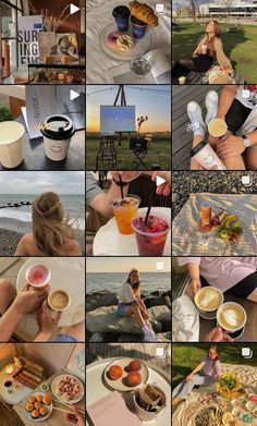 a collage of photos with people eating food and drinking coffee on the beach,