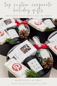 christmas gifts in black boxes with red bows and pine cones on top, the text overlay reads tips for creating corporate holiday gifts