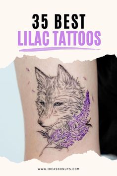 a woman's thigh with tattoos on it and the words 35 best lilac tattoos