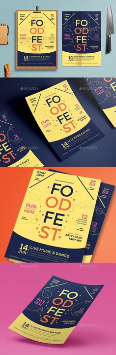 an assortment of colorful flyers with different font and numbers on them, including the words fo