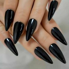 Press on Nails: Color: Black Shape: Medium Stiletto Quantity: 24 Nails Comes with 24 Nails, Nail Glue, Mini Nail File, Mini Nail Buffer, Mini Cuticle Pusher (Orange wood stick) and Alcohol pad. How to Apply:  1. Clean hands and your natural nails ( you can use alcohol pad included).  2. File and Buff natural nail gently. 3. Apply nail glue or glue sticker to the plastic tip. 4. Apply plastic tip to the natural nail. 5. Press the tip and hold down for 30 sec, avoid contact with water for the firs Long Nail Beds, Salon Party, Nails Gradient, Wide Nails, Angel Nails, Nails Kit, Sharp Nails, Bears Nails, Goth Nails