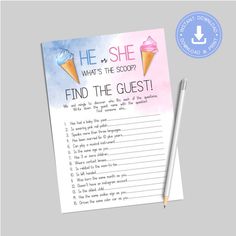 a printable ice cream question card with the words, she is in the scoop?