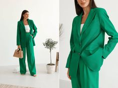 Masculine-cut single-breasted blazer and wide-leg Palazzo pants suit.  The jacket is straight, single-breasted, with shoulder pads, on a batiste lining, with side pockets. There is an inner pocket. Palazzo pants in a loose silhouette with a corsage ribbon, belt loops, hook, and zip fastening, and side pockets. MATERIAL: Natural linen with the addition of cotton: 90% linen, 10% cotton. COLOURS: Kelly Green, Beige, Black, Lemon WE OFFER TO UNPACK SUIT IN DIFFERENT SIZES Blaze and Pants (see the Variations) SIZES-LENGTH: XS size: Blazer-65cm, Sleeves-60cm, Pants-108cm S size: Blazer-67cm, Sleeves-61cm, Pants-109cm M size: Blazer-69cm, Sleeves-62cm, Pants-111cm L size: Blazer-71cm, Sleeves-63cm, Pants-112cm (the length can very +- 0.5cm due to natural linen characteristics) We can customize bi Summer Workwear Sets With Notch Lapel, Summer Workwear Sets With Wide-leg Pants, Summer Notch Lapel Workwear Sets, Notch Lapel Summer Sets For Workwear, Notch Lapel Sets For Summer Workwear, Linen Pantsuit With Notch Lapel For Office, Summer Workwear Pantsuit With Suit Collar, Spring Linen Pantsuit For Office, Summer Office Wide-leg Pantsuit