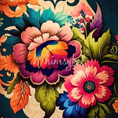 an artistic painting of colorful flowers and leaves