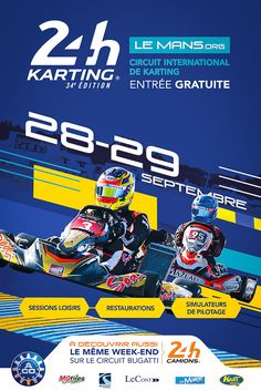 two people racing motorcycles on a blue and yellow race track with the words 24h karting