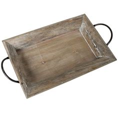 an old wooden tray with black handles on a white background for use as a serving tray