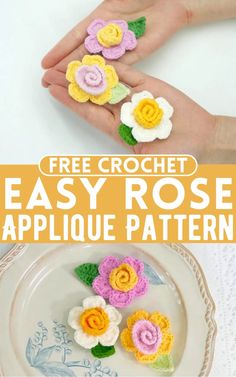 crochet easy rose applique pattern on a plate with the text overlay