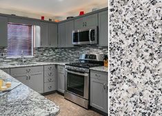 a kitchen with granite counter tops and stainless steel appliances in the same color as the cabinets