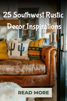 25 Southwest Rustic Decor Inspirations, featuring a cozy leather sofa with colorful cactus-themed pillows in a warm, inviting room. Read More. Desert Aesthetic Decor, Southwest Scenery, Southwest Aesthetic, Desert Magic, Western Style Decor, Southwest Furniture, Arid Landscape, Enchanting Aesthetic, Southwest Landscape