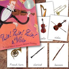 four children's books with pictures of musical instruments and music staffs on them