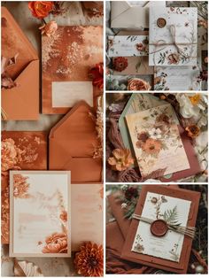 the wedding stationery is laid out on top of each other