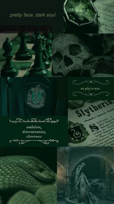 the harry potter book cover is shown in green and black, with skulls on it