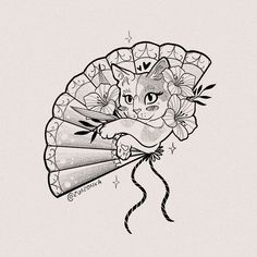 a black and white drawing of a cat with flowers on it's head holding a fan