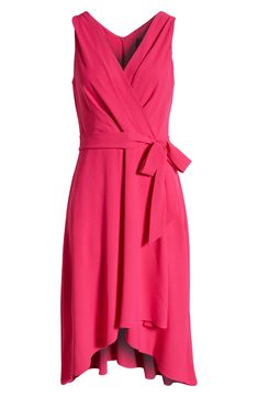 A subtle high-low hem lends floaty flair to this sleeveless, faux-wrap dress with a tie belt that hugs your curves perfectly. 46 1/2" length (size 8) Back zip closure Surplice V-neck Sleeveless Tie belt Partially lined 100% polyester Machine wash, line dry Imported Summer Midi Dress With Belted Asymmetrical Hem, Belted Midi Dress With Asymmetrical Hem For Summer, Spring Midi Dress With Asymmetrical Hem And Belt, Sleeveless Belted Dress For Summer Formal Events, Sleeveless Summer Formal Belted Dress, Summer Formal Sleeveless Belted Dress, Summer Asymmetrical Hem Belted Dress, Formal Sleeveless Belted Dress For Summer, Pink Wrap Dress With Tie Waist And Surplice Neckline