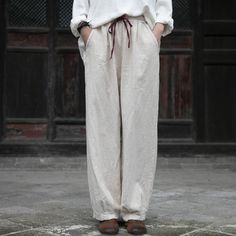 Autumn Winter 2020 New Casual Elastic Waist Lace Up Straight Pants - Omychic White Ankle-length Winter Bottoms, White Full Length Harem Pants With Pockets, Fall Season Beige Non-stretch Harem Pants, Beige Long Harem Pants With Pockets, Full Length Beige Winter Pants, Beige Relaxed Fit Harem Pants For Fall, Beige High Waist Relaxed Fit Harem Pants, Beige Full Length Pants For Fall, Beige Full-length Pants For Fall