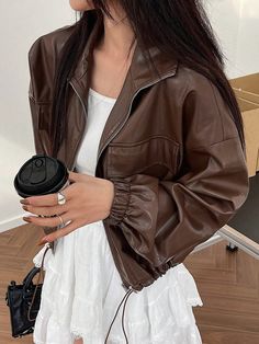 Drop Shoulder Jacket, Shoulder Jacket, Elastic Waistband Pants, Elegant Dresses Long, Brown Jacket, Woman Standing