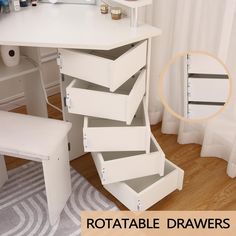 a white desk with lots of drawers and a mirror above it that says rotatable drawers