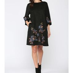 Nwot Joh Avery Dress With Pockets!!!!! Made With Elevated High Quality Faux Stretch Suede. Fall Floral Embroidery All Around. Knee Length. Round Neck. Sleeves Are 3/4. Easy Relax Fit. Very Stylish And Chic. Super Soft And Comfy. Timeless. Floral Embroidered Mini Dress For Fall, Fall Mini Dress With Floral Embroidery, Fall Floral Embroidered Mini Dress, Fall Floral Embroidery Mini Dress, Black Embroidered Long Sleeve Mini Dress, Black Embroidered Winter Dress, Embroidered Mini Dress For Fall, Black Floral Embroidered Dress For Fall, Black Embroidered Dress With Floral Embroidery For Fall