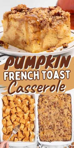 pumpkin french toast casserole on a white plate with the title in the middle