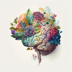 an artistic painting of a human brain with flowers and leaves on it's side