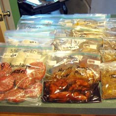 several bags of food sitting on top of a counter