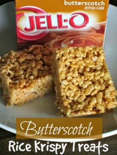 a box of butterscotch rice krispy treats sitting on top of a white plate