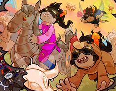 an image of some cartoon characters riding on horses and dogs in front of a sky background