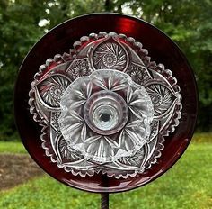 a glass plate sitting on top of a metal stand in front of some green grass