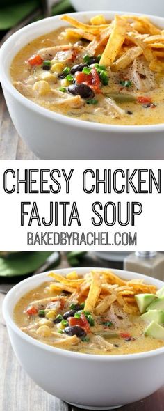 two bowls of cheesy chicken fajita soup with tortilla chips