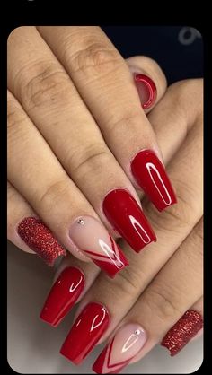 red and white nails with some glitter on them