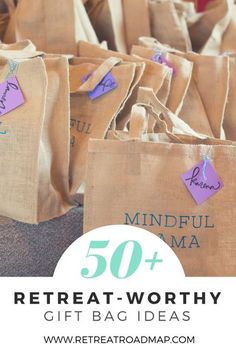 several bags with the words, 50 + rereaat worthy gift bag ideas on them