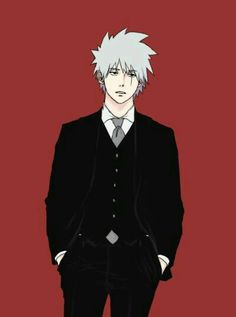 an anime character with white hair wearing a black suit and tie, standing in front of a red background