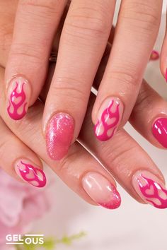 Gelous valentine's day hearts on fire gel nail polish art using the Gelous Thin Nail Art Brush Brush - photographed on model Pink Nails Flames, Pink Heart Flame Nails, Gel Nail Art Tutorial, Valentines Day Nails Heart Flame, Hearts On Fire, Heart Nail Art, Polish Art