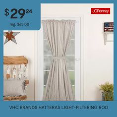 a white door with curtains hanging on it and the words, $ 29 24 regt $