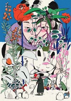 an image of a woman surrounded by flowers and plants in the snow with two cats