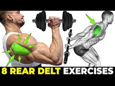 an image of a man doing exercises with dumbbells and the words 8 rear delt exercises