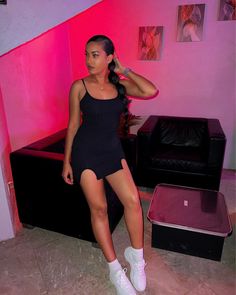 Bodycon Dress With Tennis Shoes, Black Mini Skirt Outfit With Sneakers, Clubbing Outfits Sneakers, Cocktail Dress And Sneakers, Black Dress And White Sneakers, Night Out Outfit With Sneakers, Black Dress And Sneakers Outfit, Night Club Outfits With Sneakers, Short Dress With Sneakers