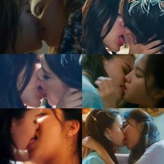 two women kissing each other in different scenes from the same movie, one woman has her face close to the man's chest