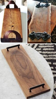 several pictures of different types of wood and metal items on a white table with a black rug