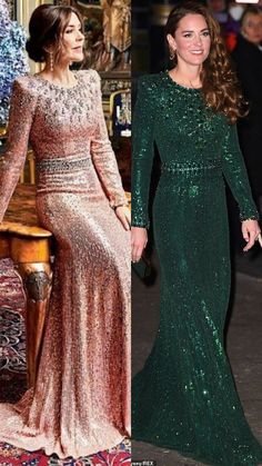 two women in long dresses and one is wearing a green dress with sequins