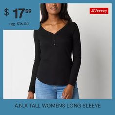 Designed to fit and flatter tall figures, this a.n.a women's long-sleeve henley shirt is a versatile piece for your everyday collection. It's made from a soft ribbed fabric for a regular-fit with a V-neckline and a four-button placket. Pair it with jeans for a casual, timeless look.Closure Type: ButtonFit: Regular FitNeckline: Henley NeckSleeve Length: Long SleeveApparel Length: 26.25 InchesFiber Content: 62% Polyester, 34% Rayon, 4% SpandexFabric Description: RibCare: Machine Wash, Tumble DryC… Womens Henley, Henley Shirt, Henley Shirts, Ribbed Fabric, Women Long Sleeve, Black Shirt, Shirts Tops, Layering, Long Sleeves