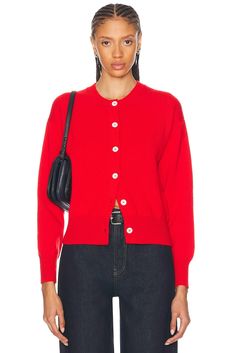 100% superfine lambswool.  Made in Scotland.  Dry clean only.  Front button closure.  Midweight knit fabric.  .  .  .  .  .  .  .  .  .  .  . Crewneck Cardigan, Poppy Red, Knitwear Cardigan, Red Poppies, Knitwear Women, Chunky Knit, Dry Clean Only, Poppies, Scotland