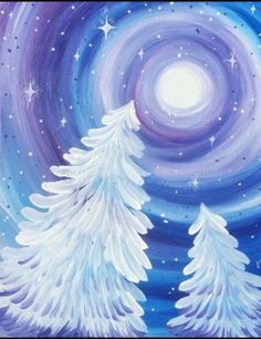 #пук Winter Art Lesson, Winter Art Projects, Paint Nite, 강아지 그림, Soyut Sanat Tabloları, Winter Painting, Christmas Canvas, Night Painting, Winter Art