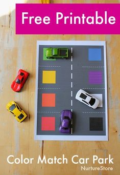 a play mat with cars on it and the text free printable color match car park